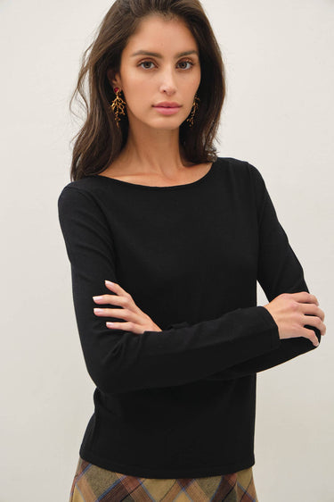 Model wearing black Ultra Soft Boatneck Basic Longsleeve Top