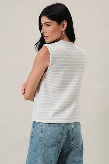 crew neck sleeveless diagonal panel stripe top side view on model
