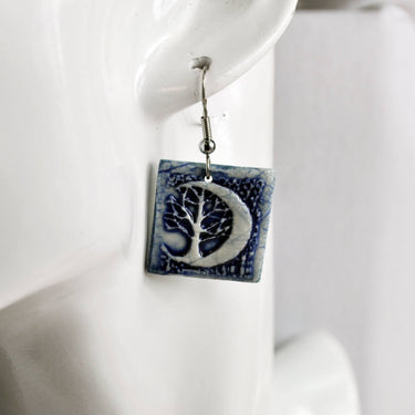 Handmade Earrings, Crescent Moon Tree blue, artistic, USA