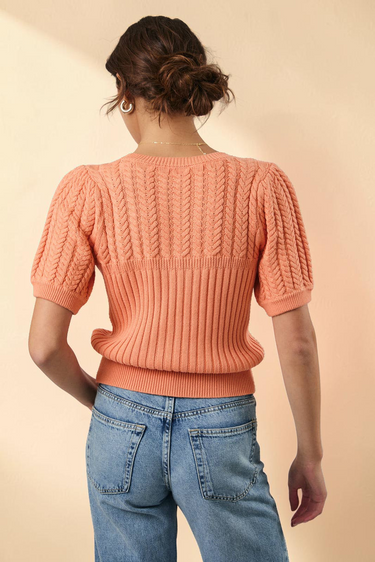 Round Neck Cable Sweater back view with puff short sleeves