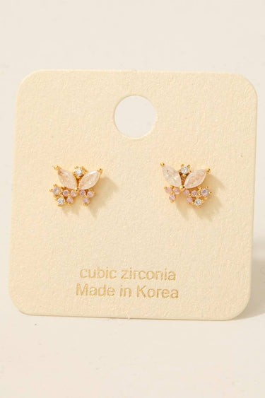 Gold Dipped Cz Cluster Butterfly Stud Earrings - G - Studs