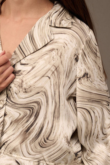 Abstract Swirl Collar Neck Flared Hem Blouse