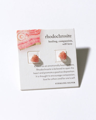 Raw Beauty Post Earrings - Sterling Silver Rhodochrosite displayed with healing stone description on packaging.