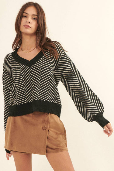 Herringbone Banded Ribbed Trim Knit Sweater