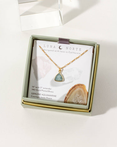 Bermuda Triangle Dainty Collar Necklace- Aquamarine displayed in gift box with chain and aquamarine stone.