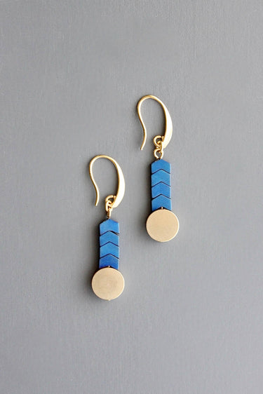 Blue hematite and brass disc earrings