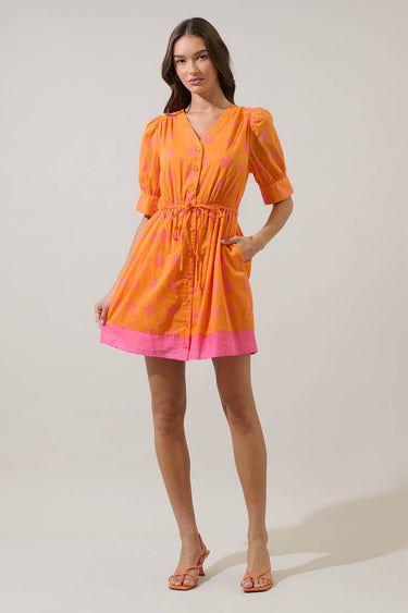 Donna Dot Elanie Button Down Mini Dress in orange pink with short sleeves, button down front, and waist tie