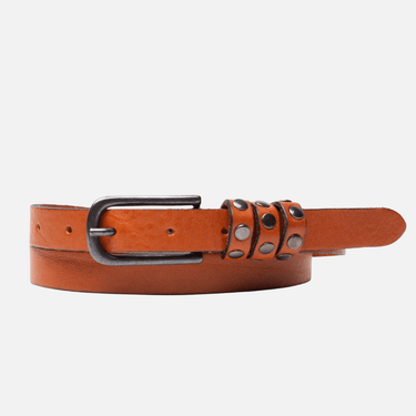 Skinny studded leather belt for women with silver buckle