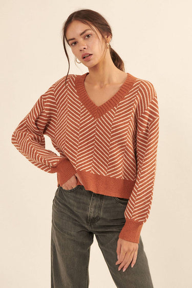 Herringbone Banded Ribbed Trim Knit Sweater
