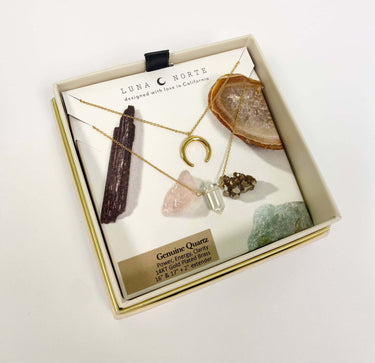 Gemstone Point Necklace Set - Clear Quartz displayed in a box with 14KT gold plating and assorted gemstones.