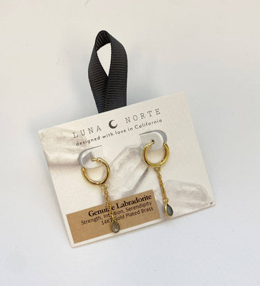 Misty Huggie Hoop Earring - Labradorite with genuine labradorite charms and 14K gold plating on display.