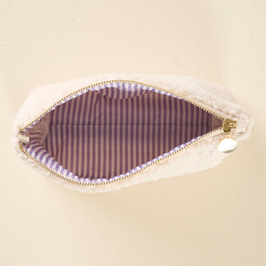 Teddy Pouch-Dainty Floral Purple interior view showing striped lining and gold zipper detail.