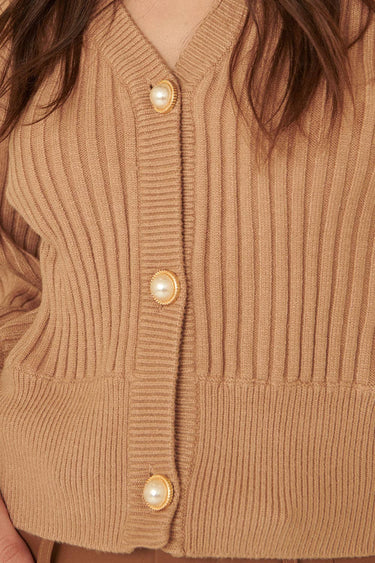 Ribbed Knit Cardigan Puff-Sleeve Sweater