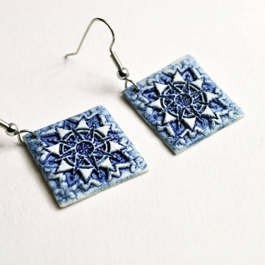 Earrings, Mandala Tile two, square blue handmade usa