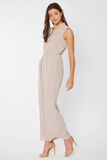 RUFFLED V NECK JUMPSUIT WITH ELASTIC WAISTBAND