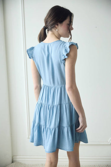 CHAMBRAY BUTTON DOWN TIERED MINI DRESS