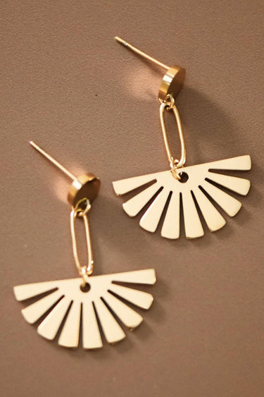 18K Gold PVD Plated Waterproof Stainless Steel Drop Earrings 7527 close-up showing the fan-shaped design