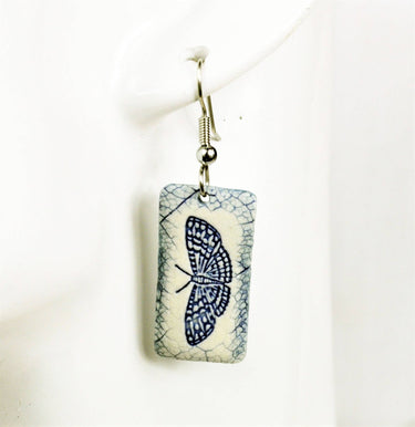 Earrings, Butterfly Blue, Handmade fired porcelain