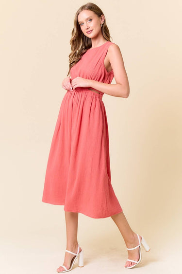 CUT-OUT WAIST MIDI DRESS W/ SIDE POCKET