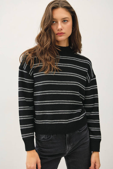 DOUBLE STRIPE SWEATER WITH RIBBED MOCK NECKLINE - Sweater
