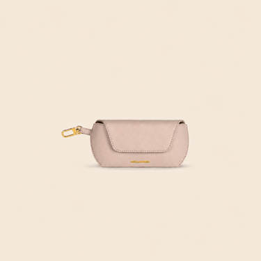 Olivia Eyewear Case in soft pink vegan leather with gold-tone hardware, featuring a wristlet attachment.