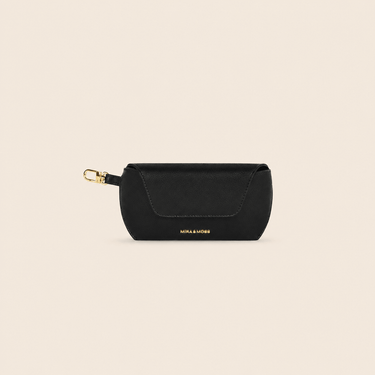 Olivia Eyewear Case in sleek black vegan leather with gold-tone hardware and wristlet attachment.