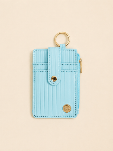 Ripple Ridge Keychain Wallet Blue with zippered closure and key ring, featuring card slots and coin holder.
