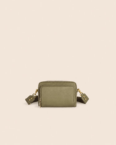 Mira & Moss Lucienne Crossbody Bag in olive vegan leather with adjustable strap and gold-tone hardware.