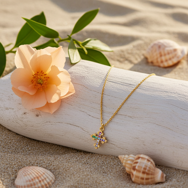 Gold Dipped Cz Rainbow Pave Cross Pendant Necklace