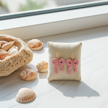 Pink Bow Earrings displayed on a clean background showcasing their decorative bow details