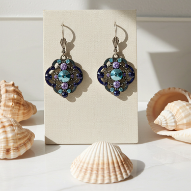 Lustrous Filigree Purple Blue & Green Crystal Drop Earrings