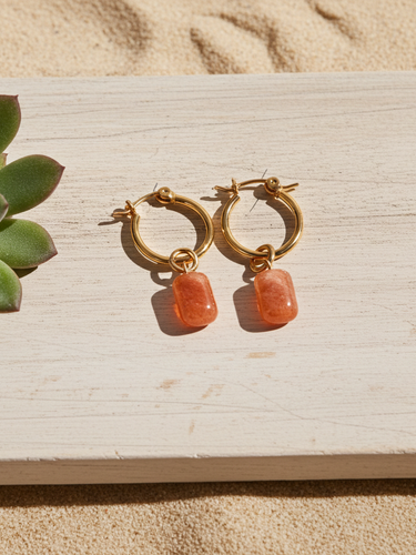 Pill Drop Hoop Earrings- Sunstone featuring gold hoops and smooth sunstone gemstones, perfect for everyday wear.