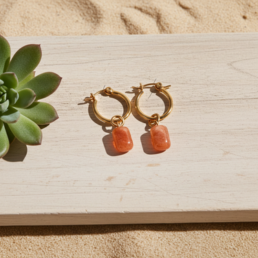 Pill Drop Hoop Earrings- Sunstone featuring gold hoops and smooth sunstone gemstones, perfect for everyday wear.