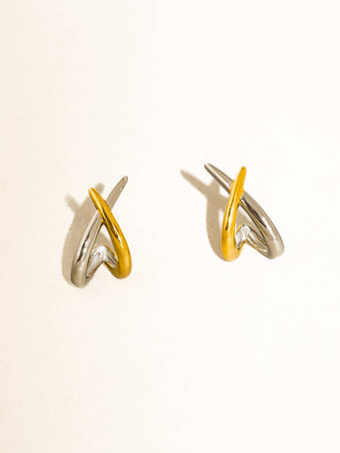 Staven 18K Gold Non-Tarnish Two Tone Crossover Earrings displayed on a neutral background.