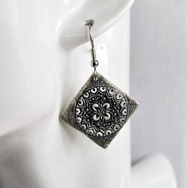 Earrings, Mandala Tile one square black handmade usa
