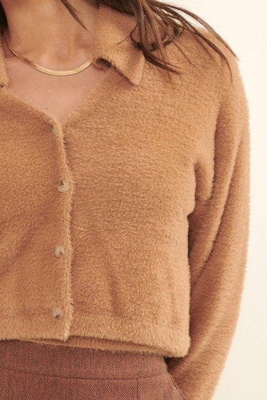 Fuzzy Textured Cropped Collared Cardigan