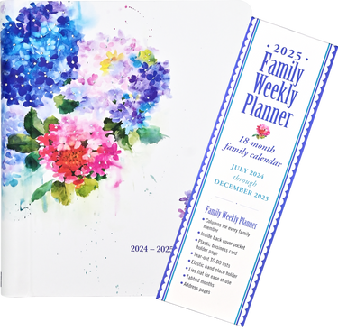 2025 Hydrangeas Family Weekly Planner open floral interior