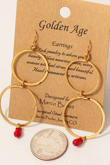 Red Faceted Bead Double Hoop Drop Earrings - GOLD - Hoop