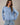 Model wearing blue Round Rolled Hemline Detail Thin Sweater Cardigan