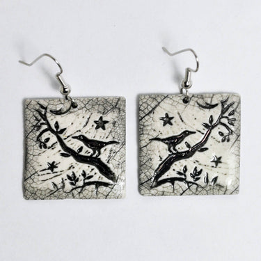Earrings, large bird Stars moon spiritual handmade
