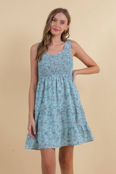 LINE ART PRINT SLEEVELESS TIERED MINI DRESS
