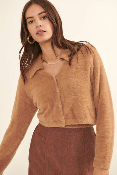 Fuzzy Textured Cropped Collared Cardigan