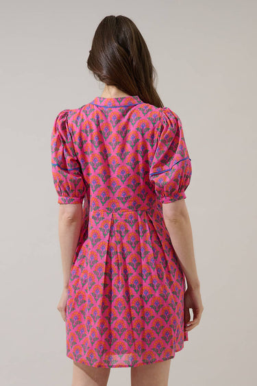 Fawna Shift Mini Dress Kendrie Floral back view showcasing puff sleeves and floral pattern.