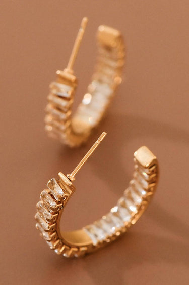 18K Gold Plated Stainless Steel Rhinestone Hoop Earrings 7983 angled product view highlighting the gold finish