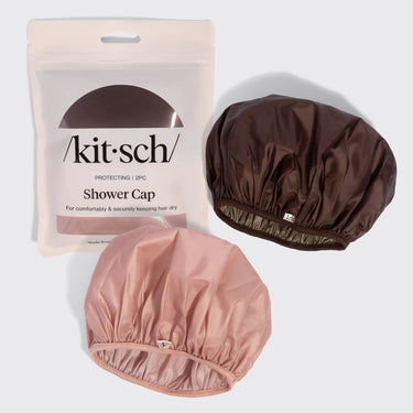 Kitsch Shower Cap 2pc Set packaging with Terracotta and Brown caps