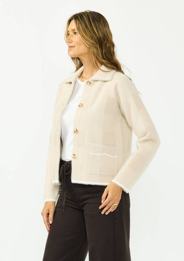 Fuzzy Plaid Button-Front Sweater Jacket