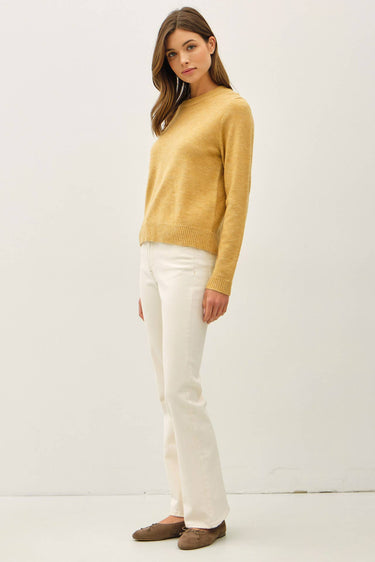 Wool Blended Basic Crewneck Sweater in mustard yellow full-length view