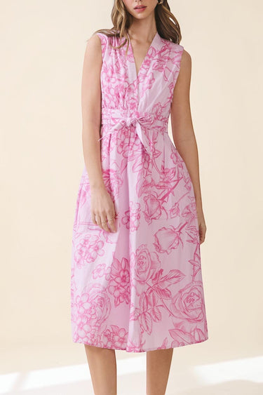 Floral Print Tie Waist Fit & Flare Midi Dress in pink floral design with sleeveless and V-neckline.