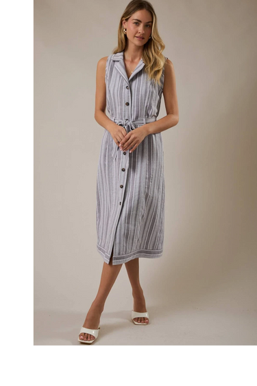 V NECK CAP SLEEVE BUTTON UP WAIST TIE BELT MIDI DRESS worn by a model, showcasing button details and a waist tie.