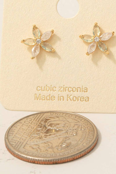 Gold Dipped 5 Petal Cz Flower Stud Earrings - G - Studs